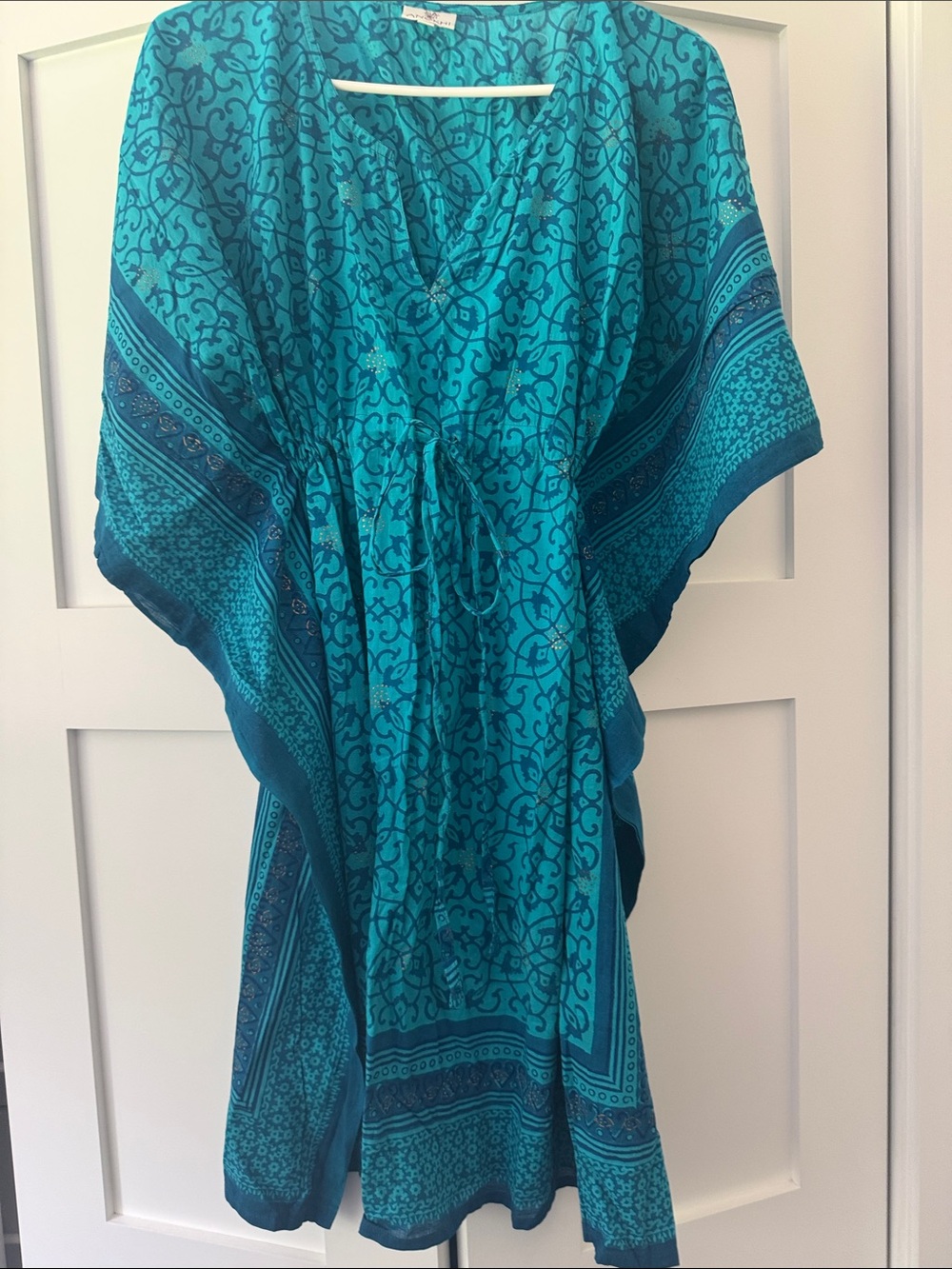Turquoise Printed Caftan Coverup with Drawstring Waist
